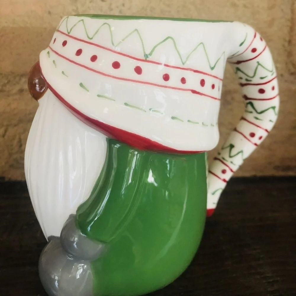 Pottery Barn Christmas GNOME Shaped Mug Green Sweater Scarf Ceramic 12oz NEW